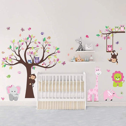 Amaonm Jungle Animal and Tree Wall Decals Removeable DIY Flower Lion Giraffe Owls Wall Sticker Peel and Stick Wall Decor for Nursery Kids Room Bedroom Living Room (B)