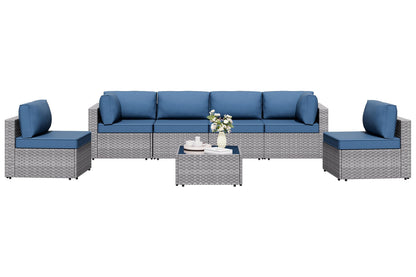 Shintenchi 7 Pieces Outdoor Patio Furniture Sets, Patio Sectional Sofa Couch, Silver Gray PE Wicker Furniture Modular Patio Conversation Sets Patio Sofa with Washable Cushions (Aegean Blue)