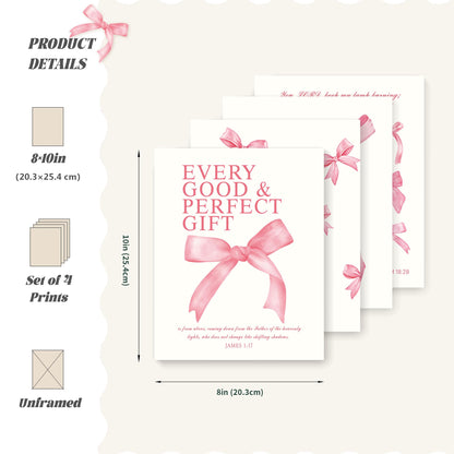 LARTSFRO Coquette Pink Bow Christian Wall Art Decor Posters, Pink Bow Christian Bathroom Room Bedroom Dorm Wall Art Decor Aesthetic for College Teen Girls Gifts,Inspirational Bible Verses Bow Wall Decor, 10x8 Inch Set of 4 Bow Pictures(UNFRAMED)