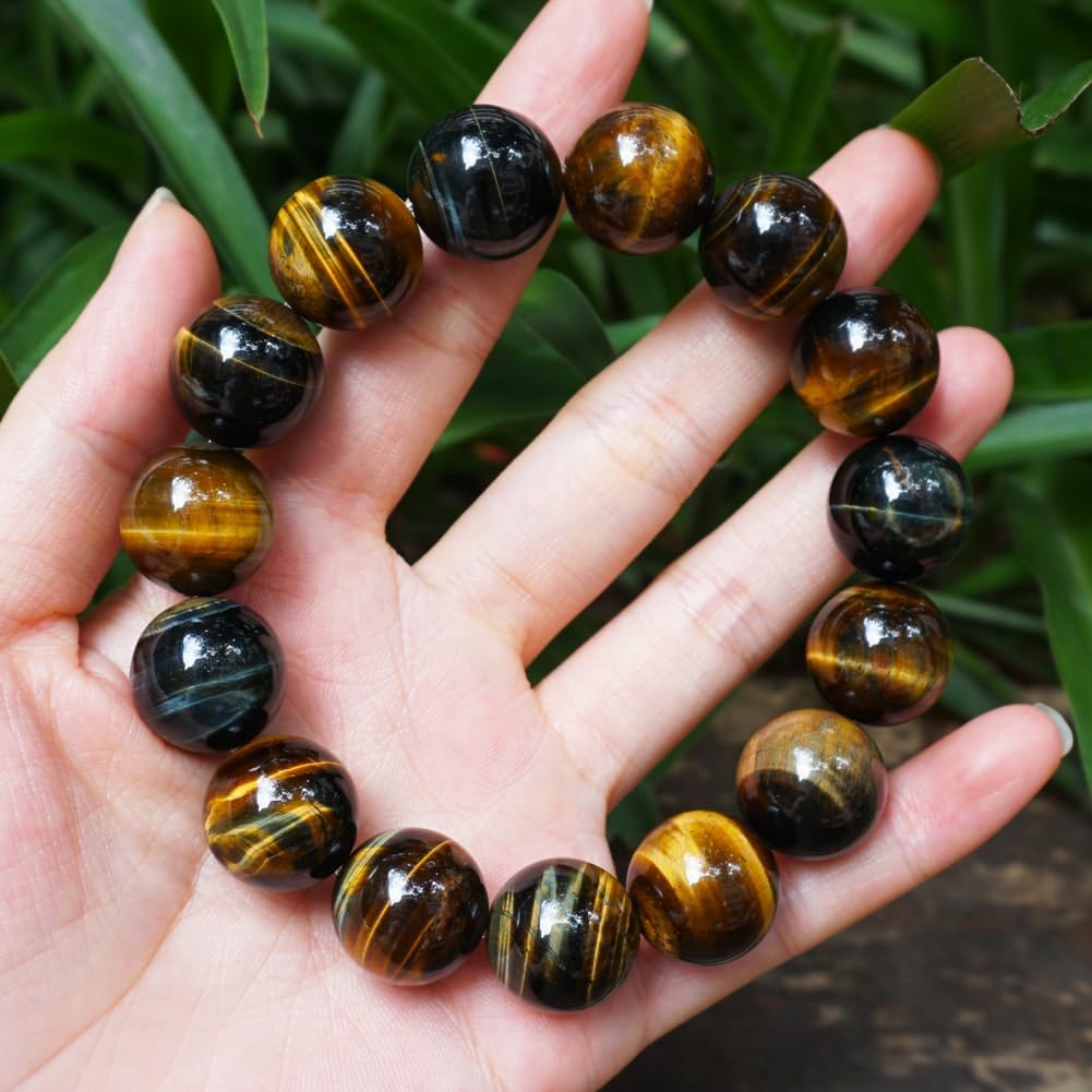 TaHLga 14MM Yellow Blue Tigers Eye Mens Beaded Bracelet | Natural Solar Plexus Chakra Gemstones | Bring Luck Wealth Courage | Protection from Evil | Gift