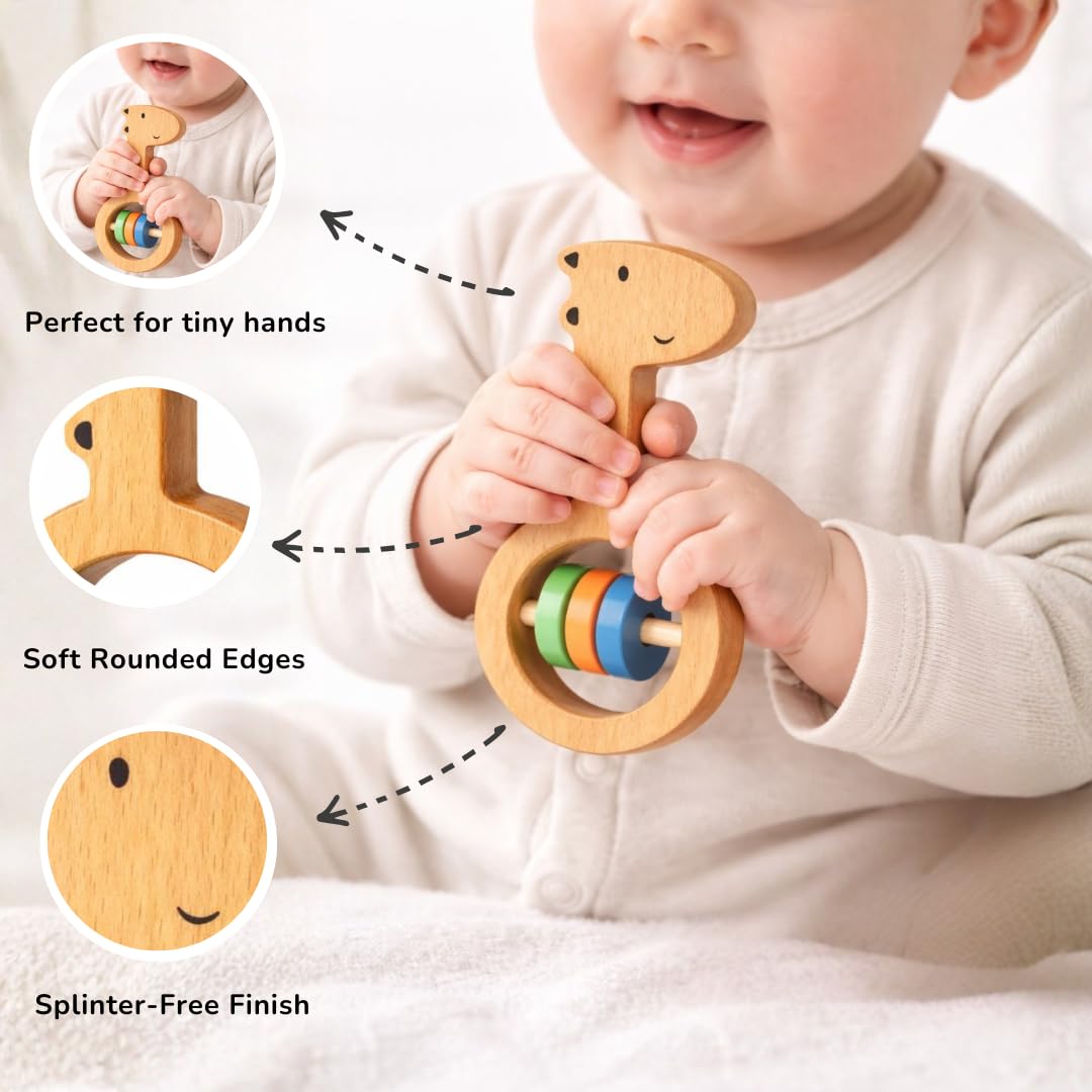 Voofy Wooden Baby Rattle Set (5pcs) – Montessori Infant Grasping Toys for 0-12 Months, Natural Non-Toxic Sensory Development Toy, Eco-Friendly Shaker Organic Baby Shower Gift for Boys & Girls