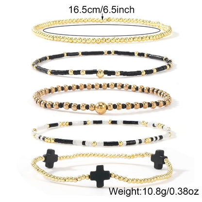 Bohxantium Gold Cross Beaded Bracelets Stack for Women, Black Boho 5PCS Stackable Stretch Set with 14K Gold Beads Waterproof Non Tarnish Jewelry for Beach Summer Party Christian Faith Friendship Gift