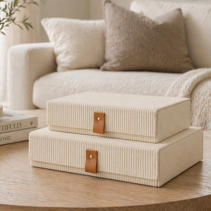 cherish & dwell Beautiful Cozy Corduroy Decorative Storage Boxes with Lids – Set of 2 Keepsake Boxes for Photos, Documents and Home Decor Accents - Giftable Memory Boxes