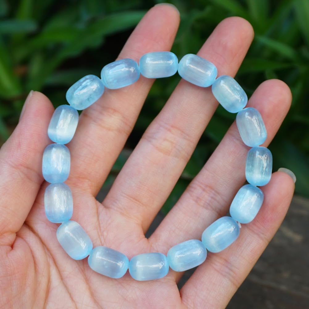 TaHLga Natural Selenite Crystal Bracelet for Women Men | 8x12mm Blue Plated Cylinder Beads | Authentic Stone with Leather Pouch, Gift Box & Repair Kit | Fits 7.5 inch Wrist