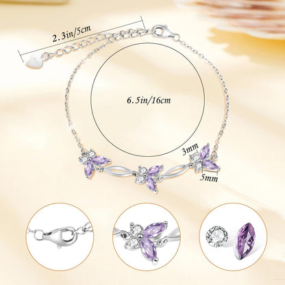 SUNCHIO Purple Bracelet 925 Sterling Silver Butterflies Link Bracelet Birthstone Jewelry Gifts for Women (Amethyst)
