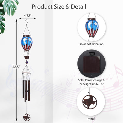 MUMTOP Solar Wind Chimes for Outside - American Flag Hot Air Balloon Wind Chimes Outdoor Unique, Glass Windchimes Clearance for Garden, Patio,Yard Decor Gift