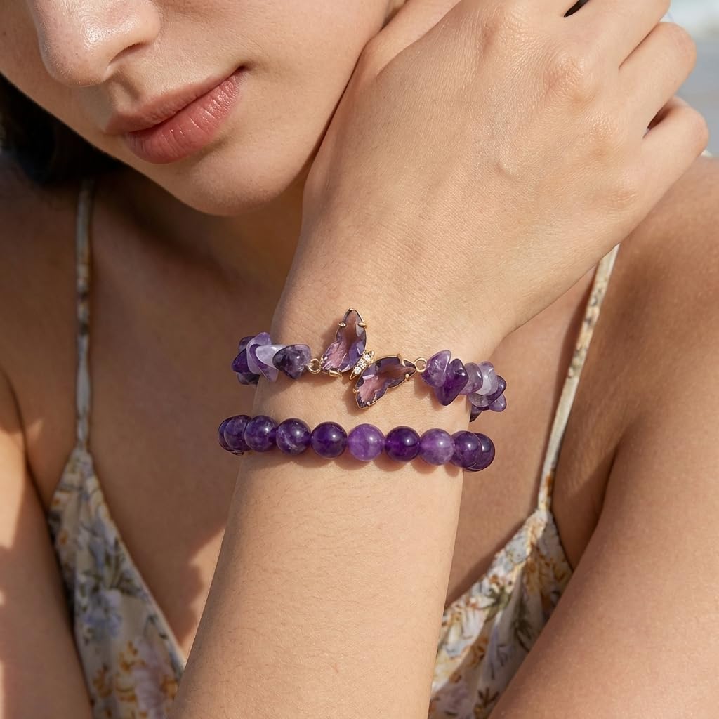 BELLA-Bee Natural Amethyst Healing Stone Bracelet Set for Women, Anxiety Relief Crystal Beaded Layered Bracelet with Butterfly Charm, Calming Spiritual Jewelry Gifts (Purple)