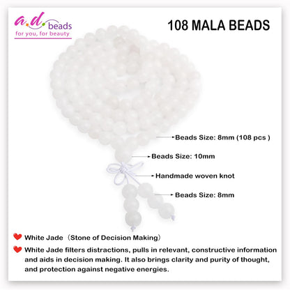 AD Beads 8mm 108 Prayer Mala White Jade Elastic Bracelet - Decision Making - Handmade Yoga Meditation Healing Power Energy Gifts for Unisex Adult.