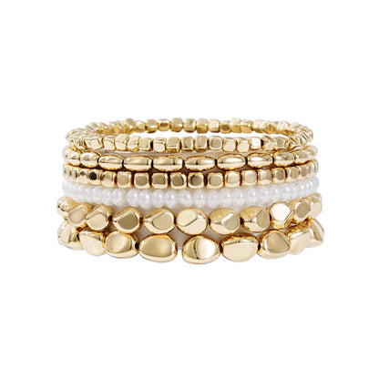 Sajidos Gold Plated Beaded Bracelets for Women Trendy, 14K Gold Plated Stack Cross Pearl Bead Stretch Bracelets Set Elastic Hypoallergenic Bracelets Jewelry Gifts (style9)