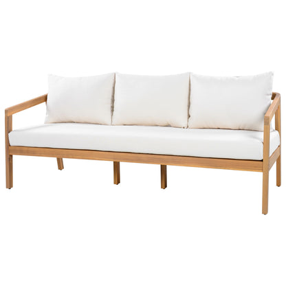 Christopher Knight Home Sures Acacia Wood Outdoor 3 Seater Sofa with Cushion, Solid Wood Patio Sofa with Removable Cushion, Comfy Lounge Sofa for Patio Furniture Set, Natural+Beige