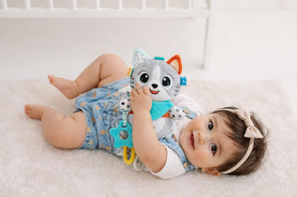 Balibazoo Luka The Cat Hanging Baby Toy – Soft Plush Sensory Toy with 3 BPA-Free Silicone Teethers, Crinkle Ears & Hidden Bell | Clip for Stroller, Car Seat, and Carrier | Developmental Toy 0-24M