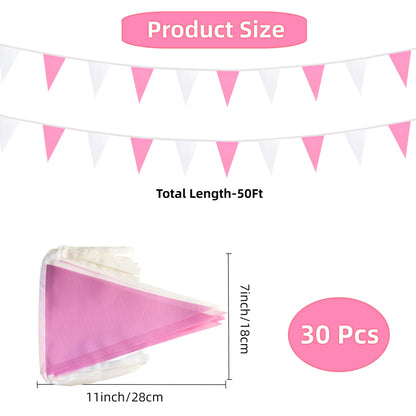 Rotenl 50 Feet 30 Pcs Pink and White Pennant Banner Flags String Hanging Triangle DIY Flags, Bunting Streamers Decorations for Grand Opening, Birthday, Wedding, Party Celebration (1)