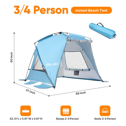 Golabs BT1 Pop up Beach Tent Sun Shelter for 3-Person, 1-Minute Setup by Pre-Attached Pole & UPF 50+, Beach Shade with Detachable Floor Mat, Mesh for Clear View & Airflow, only 7 lbs & Pocket and Hook