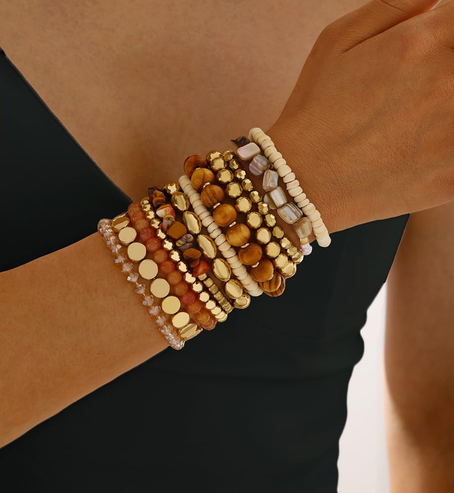 iF YOU 12 Pcs Boho Beaded Bracelets for Women, Brown Bohemian Stackable Gold Bead Stretch Bracelets Stack Beach Jewelry Gift (Brown-12 pcs)