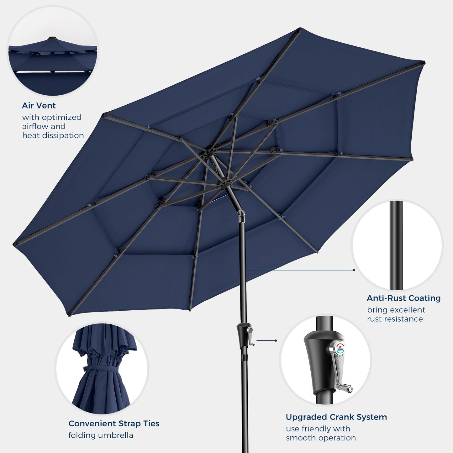 HOMSHADE 9FT 3-Tiers Outdoor Patio Umbrella with 5-Year Fade Resistant,Vented Outdoor Commercial Market Umbrella with UPF50+ UV Protection & Push Button Tilt and Crank for Pool,Backyard(Navy Blue)