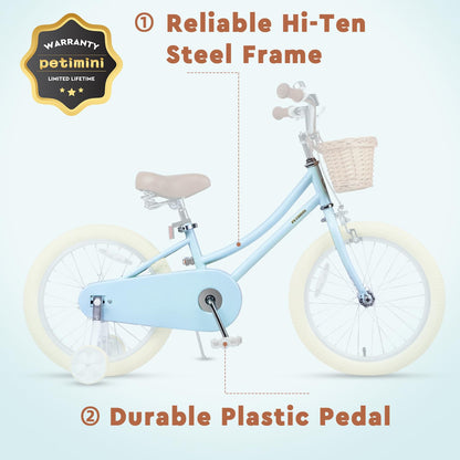 Petimini 18 Inch Little Kids Bike for Age 5 6 7 8 Years Old Girls Retro Vintage Style Bicycles with Basket Training Wheels and Bell, Blue