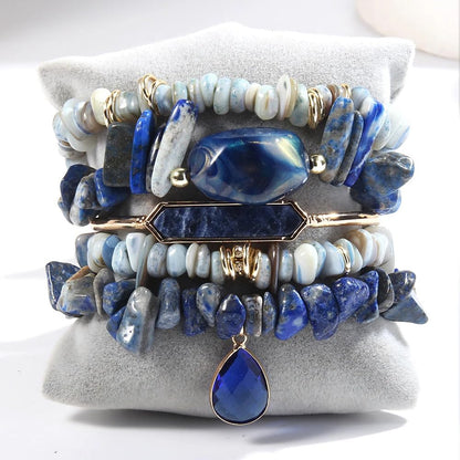 Yomisa 5PCS Natural Boho Beaded Bracelets Bangle for Women Men,Healing Turquoise Tiger eyes Agate Crystal Gemstone Stone Diamond Chakra Multi Wrap Bohemian Handmade Jewelry Beads Stretch Bracelet Set