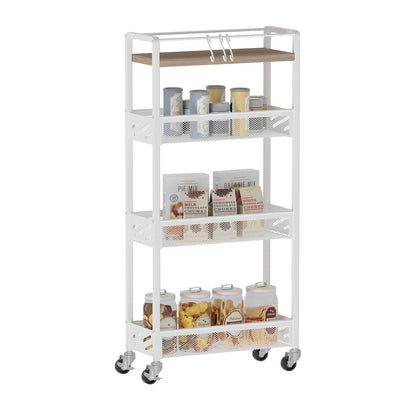 DGSNADGO Slim Rolling Storage Cart, 4-Tier Kitchen Cart on Wheels, Narrow Utility Cart with Handle and Wooden Tabletop for Small Space in Kitchen, Living Room, Bathroom, Laundry Room, Beige and White