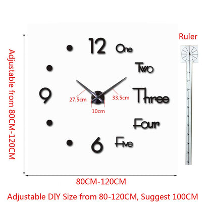 FASHION in THE CITY Large 3D Frameless Wall Clock Stickers DIY Wall Decoration for Living Room Bedroom Office (Black)