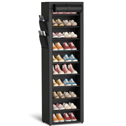 Kitsure Shoe Rack - 10-Tier Large Capacity Shoe Organizer Shelf with Dust Cover & Side Pockets, Rust-Proof Metal Shoe Rack for Closet, Entrance, Living Room, 17.5" x 12.4" x 69.3", Black