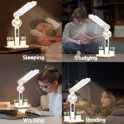 niccryle Led Desk Lamp with Fan Study Light with Clock, Adjustable Foldable Table Lamp with Pen Holder, 3 Brightness Levels, USB Charging Port