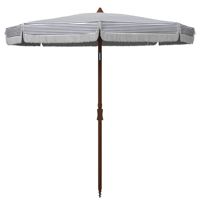 SAFAVIEH 6.5ft Outdoor Patio Umbrella, Round, Copen Collection, White & Navy Stripe, Fringe Trim, Button Tilt, UV Resistant for Deck, Backyard, Poolside (PAT8501B)