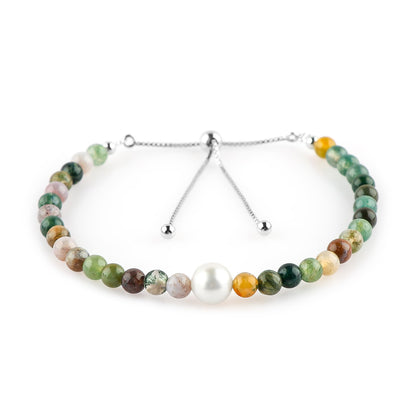 CRYSTALIS Natural Moss Agate Beads Slider Bracelet with Elegant Pearl, High Grade Beaded Crystals, Chakra Healing Gemstone, Gift Giving Women Jewelry, 925 Sterling Silver Slider 10 inch