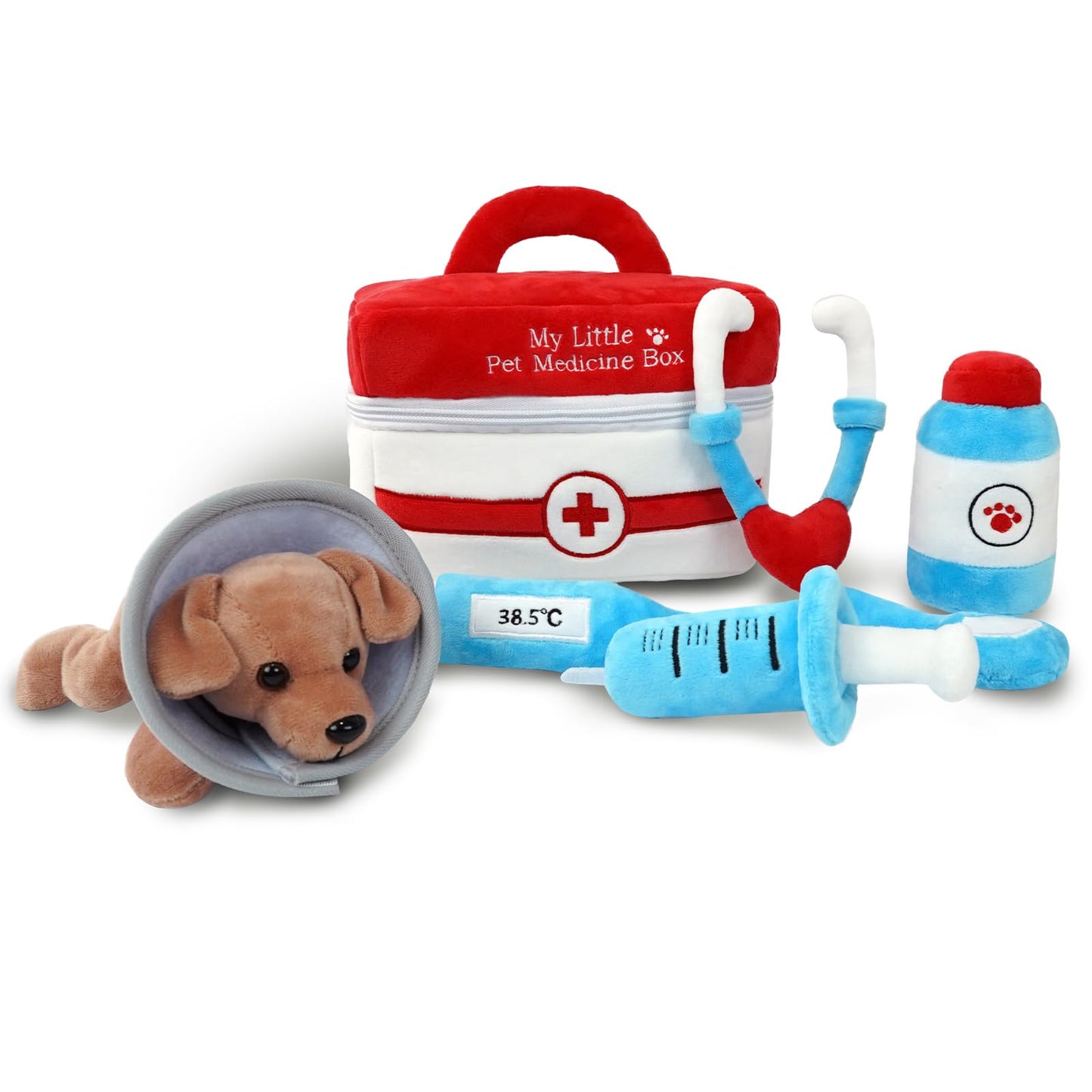 Stuffed Plush Pet Vet Kit for Baby Toddler, 6-Pcs My Little Pet Doctor Plush Playset, Sensory Pretend Play Stuffed Plush Toy with Pet Medicine Box/Puppy Patient/Stethoscope, Boy Girl Infant Gifts