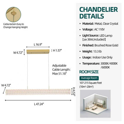 BESTWEST Modern 47.2inch Rectangle Crystal Chandelier, Dimmable Led Crystal Pendant Lighting for Dining Room Kitchen Island, Linear Chandelier Hanging Light Over Table