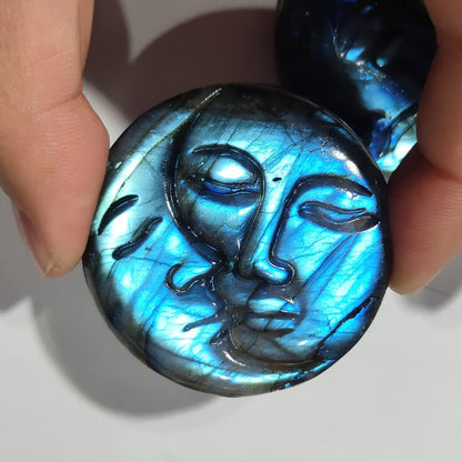 SaiDian 1Pcs Sun Moon Face Natural Labradorite Healing Sphere Stone Quartz Carved Crystal Ornaments Decor Reiki Minerals Meditation Home Decoration