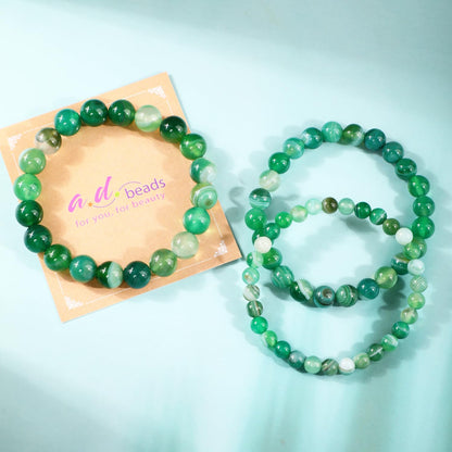 AD Beads 6mm Handmade Green Stripe Agate Elastic Bracelet – Natural Gemstone for Calm energy – Meditation, Yoga, Healing and Energy Gift for Men Women