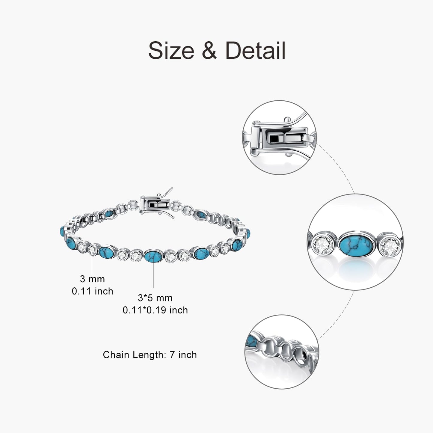 PEIMKO 925 Sterling Silver Oval Turquoise Exquisite Tennis Bracelet with CZ Boho Style Bracelet Jewelry Gifts for Women Mother