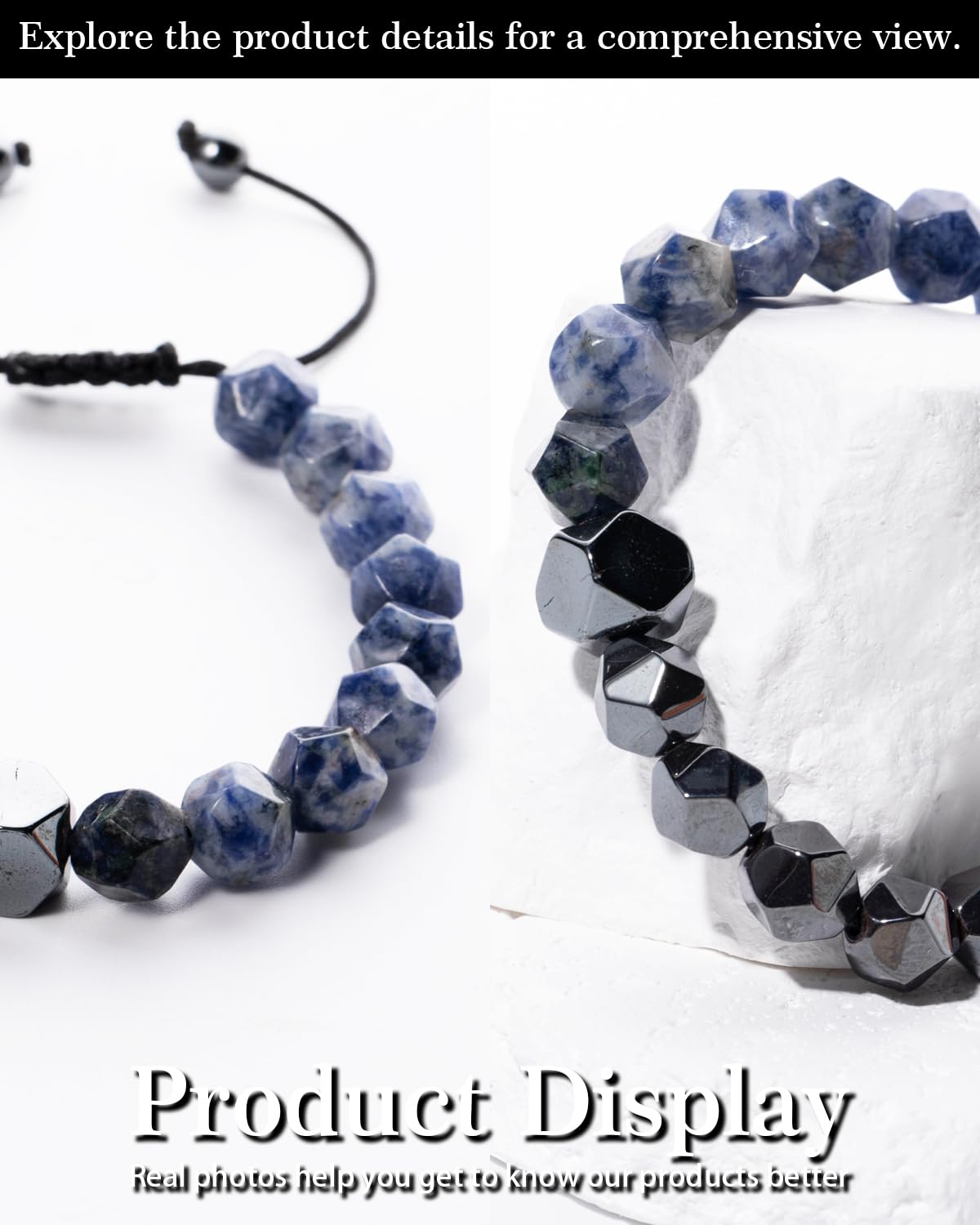 Beaded Bracelet for Men, 10mm Natural Stones Bracelet for Men's Gift, Adjustable Precision-Cut Gemstone Crystal Healing Bracelet, Protection Jewelry Gift with Hematite, Tiger Eye (Blue Spot Stone & Hematite)