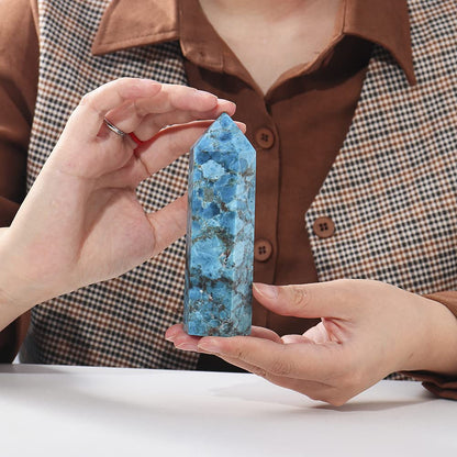 Runyangshi Large Blue Apatite Natural Healing Crystal Wand 4.72"-5" Crystals Tower 6 Faceted Single Point Crystal Prism Wand Natural Stones for Meditation Reiki Chakra Therapy Home Decor Gift