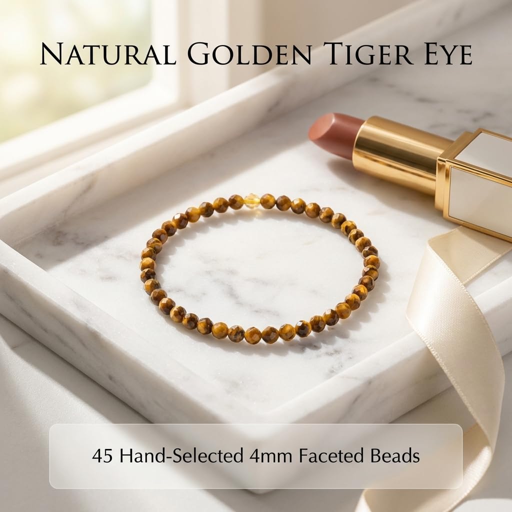 Angelstones Natural Golden Tiger Eye Gemstone Stretch Bracelet, 4mm Faceted Round Beads, Crystal Healing for Women