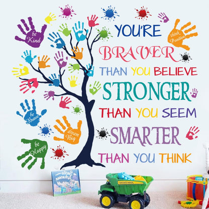 Colorful Inspirational Quote Wall Decal-You’re Braver Than You Believe, Stronger Than You Seem, Smarter Than You Think, Motivational Quote Phrases Wall Sticker Kids Room Nursery, Classroom Decor.