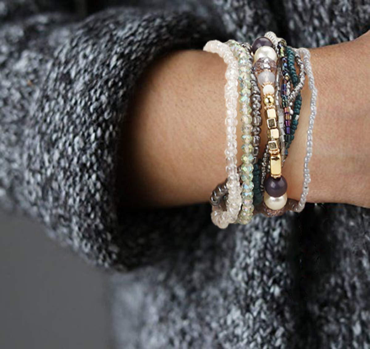 FIBO STEEL 6 Sets Bohemian Stackable Bead Bracelets for Women Stretch Multilayered Bracelet Set Multicolor Jewelry Boho Jewelry,Small Beads Stylish Style