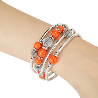 PEARL&CLUB Beaded Chakra Bangle Turquoise Bracelet - Fashion Jewelry Wrap Bracelet with Thick Silver Metal and Mala Beads, Birthday Gifts For Women(Orange)