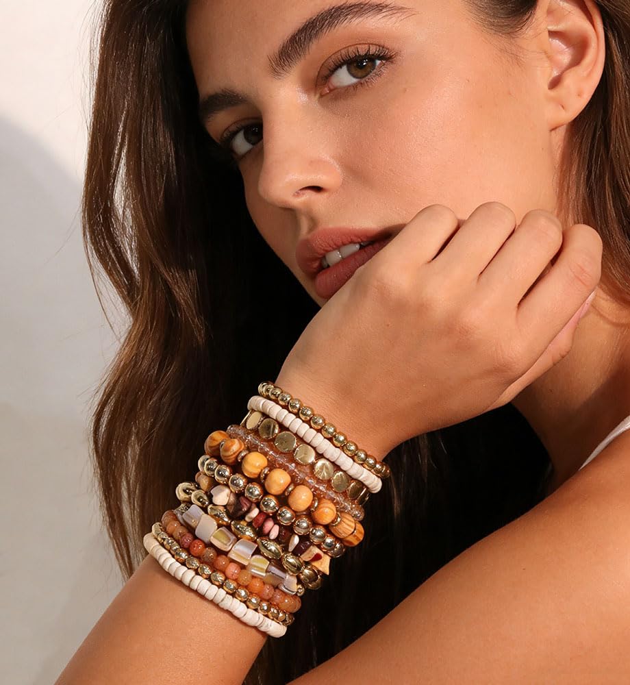 iF YOU 12 Pcs Boho Beaded Bracelets for Women, Brown Bohemian Stackable Gold Bead Stretch Bracelets Stack Beach Jewelry Gift (Brown-12 pcs)