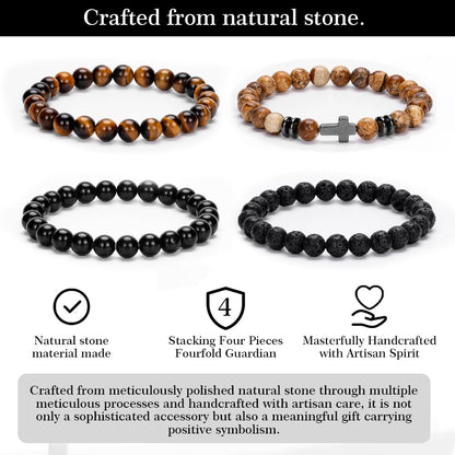 Crystery Men Beaded Bracelets, 8mm Natural Stone Bracelet, Healing Crystal, Jewelry Gifts for men, Triple Protection, Picture Stone, Tiger Eye, Black Obsidian Beads Bracelets, Lava Rock, Pack of 4