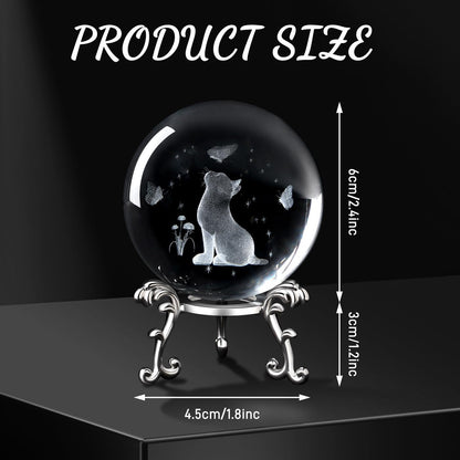 MAIBAOTA Cat Gifts for Cat Lovers Women 3D Crystal Cats Theme Stuff Figurines Money Attraction Decor Good Lucky Gifts 60mm Glass Laser Ball Paperweight with Stand Glass Sphere