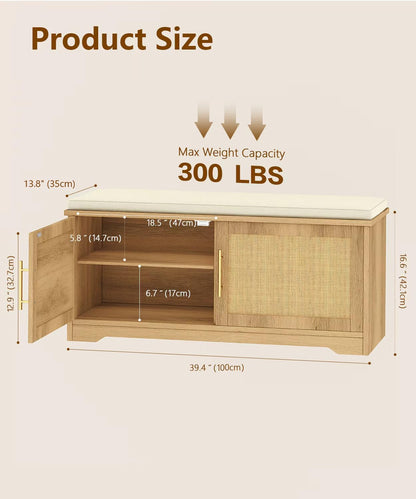 Zeibospri Rattan Shoe Storage Bench with Cushion, 39.4" Wide Entryway Bench with Adjustable Shelf, Hidden Shoe Organizer Cabinet, for Hallway, Living Room, Bedroom, Natural Oak