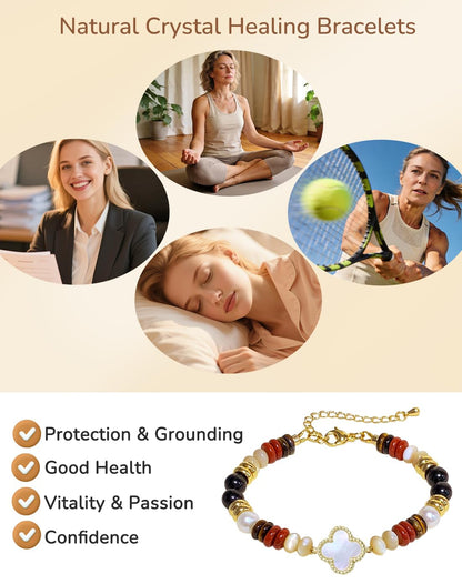 YEETONDA Four Leaf Clover Natural Gemstone Rainbow Bracelets Jewelry 16th 21st 30th 40th 50th 60th 70th 80th Birthday Gifts For Women Mom Sister Friend Daughter Niece（Black Tourmaline）