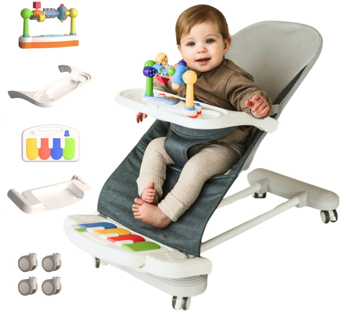 CuddoBaby Baby Bouncer 4-in-1 on Wheels |Detachable Pianos, Feeding Tray| 3-Level Recline Foldable Seat with Play Bar for Infant to Toddler 0-6, 0-12, 12-24 Months, Boy Gift Idea - Blue