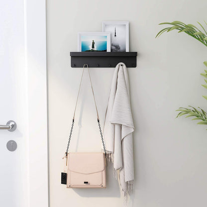 MKO Key Holder Wall Mount, Key Holder Wall Mount Adhesive with Mail Organizer Tray with 6 Key Hooks for Wall, Black