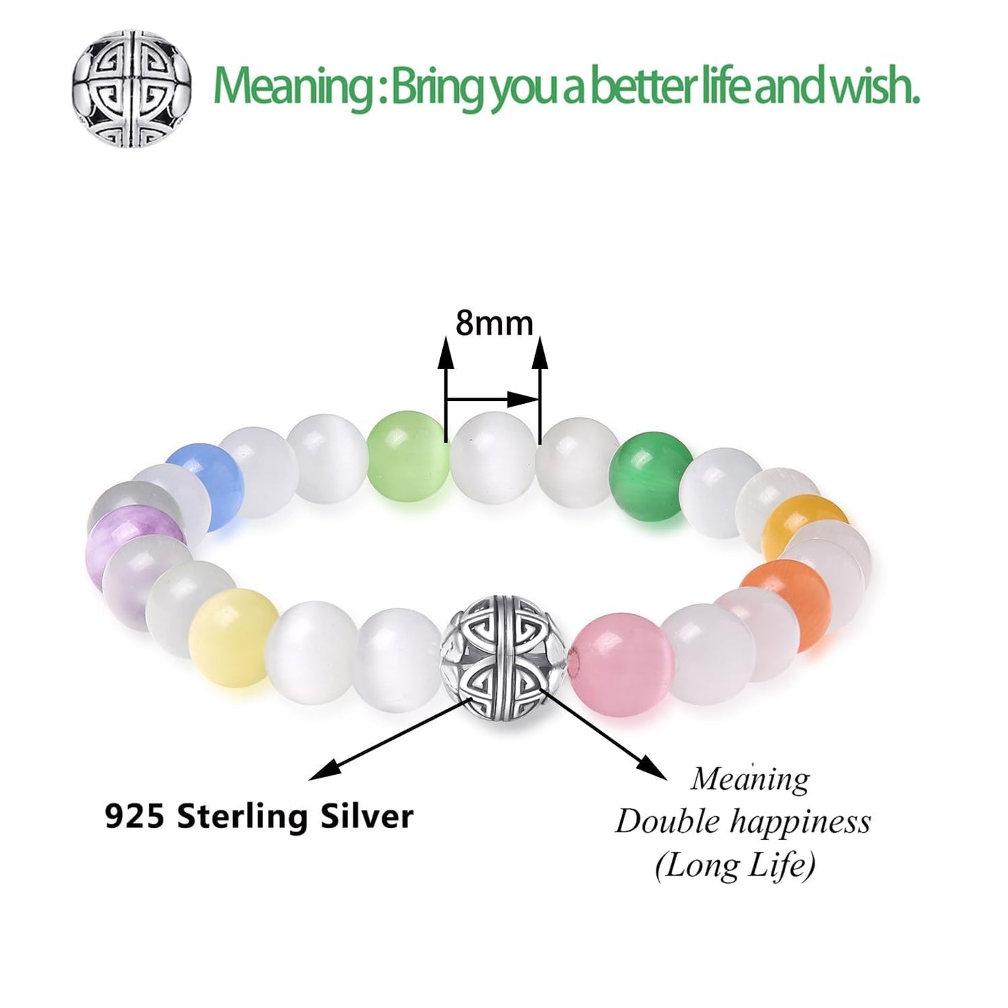 MetJakt Healing Crystals Beaded Bracelets for Womens Natural Gemstone 8mm Beads Stretch Bracelets with 925 Sterling Silver Double Happiness Pendant (Multicolored Cat's Eye Stone)