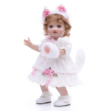 Cloveray Baby Doll, 18 Inch Realistic Reborn Toddler Real Life Baby Dolls with White Lace Dress, Magnetic Cat Nose, Fluffy Paw Mitten & Tail, Premium Collectible Gift for 3+ Year Old Girls