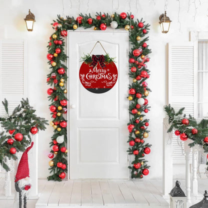 Fenarenes Christmas Welcome Sign for Front Door Decorations Hanging - Christmas Round Wood Sign with Bow for Farmhouse Outdoor Wall Home Decor 12x12 In