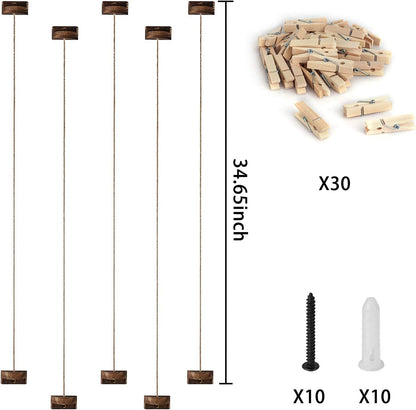 Emfogo Pictures Wall Decor, Wood Hanging Photo Display DIY Decor 5 Strings with 30 Clips, Adjustable Twines fit Multi Photo Wall Display Organizer 35 x 35 inch