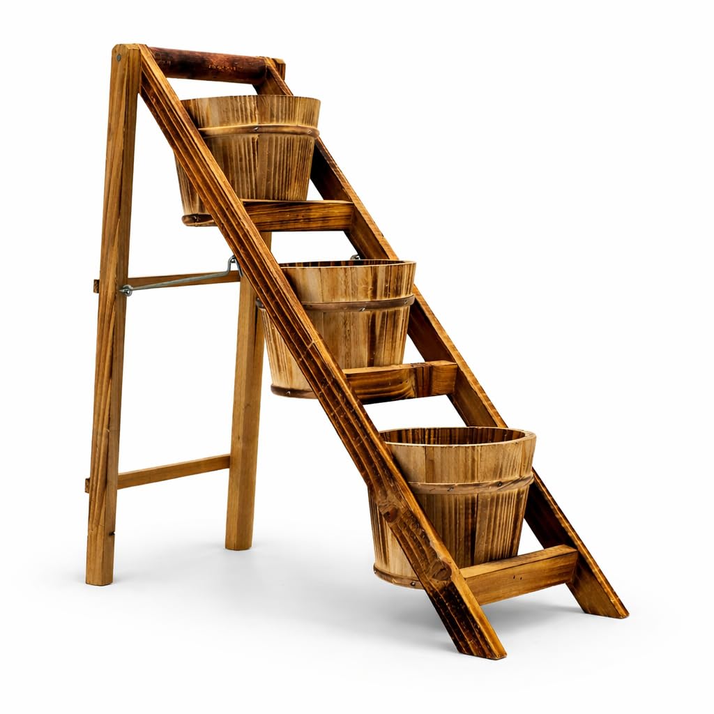 HORTICAN Rustic Foldable 3-Tier Wooden Planter - Space-Saving Vertical Plant Stand for Indoor/Outdoor (Patio, Balcony, Living Room)